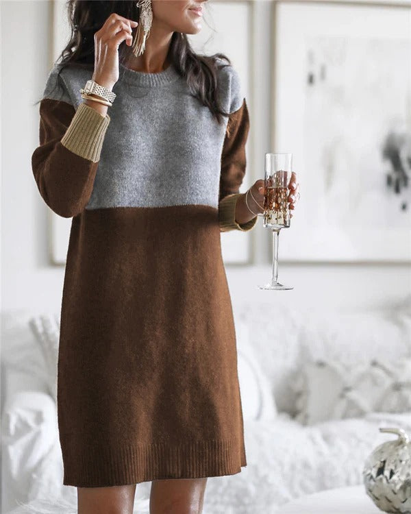 Women's relaxed fit long sleeve color block knit dress in casual everyday comfort style