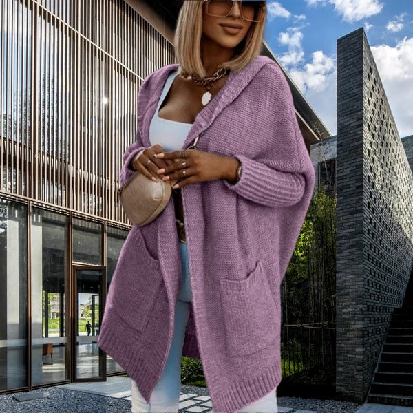 Women's oversized hooded knit cardigan cozy wool-look with pockets casual chic winter layer