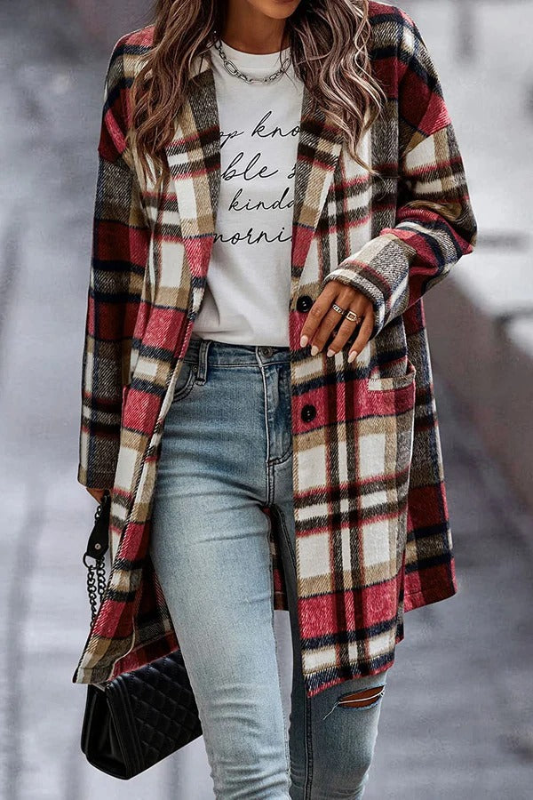 Women's oversized wool plaid coat with button closure, modern all-season layering piece