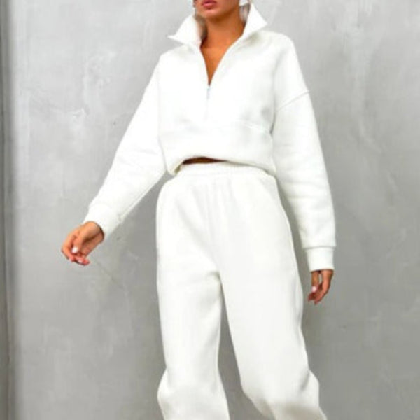Women's two-piece sweat set relaxed fit high collar half-zip top elastic waist lounge outfit