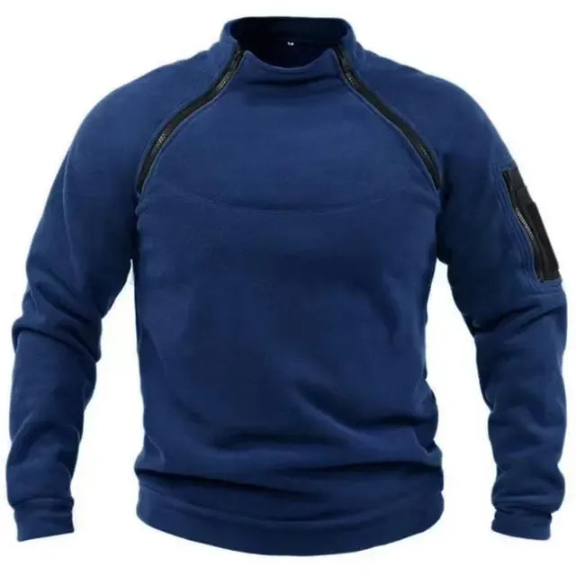 Men's gray fleece pullover relaxed fit high collar with utility zippers for outdoor warmth