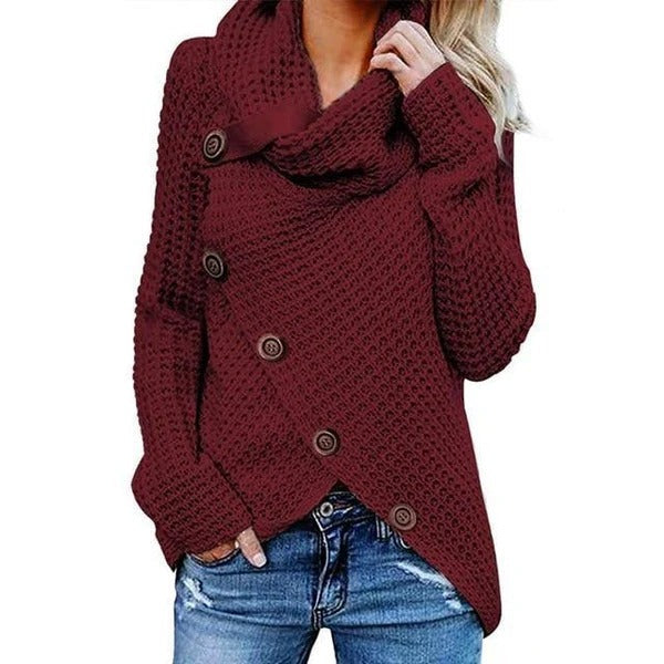 Women's relaxed fit waffle knit cowl neck sweater with asymmetric button front, cozy chic style