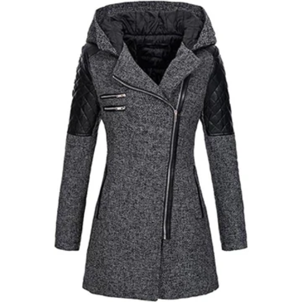 Women's tailored mid-length hooded jacket with quilted sleeves and asymmetrical zip, chic & warm