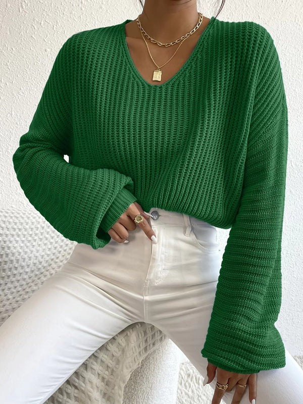 Women's relaxed-fit V-neck rib knit sweater in neutral tone, long sleeve everyday style