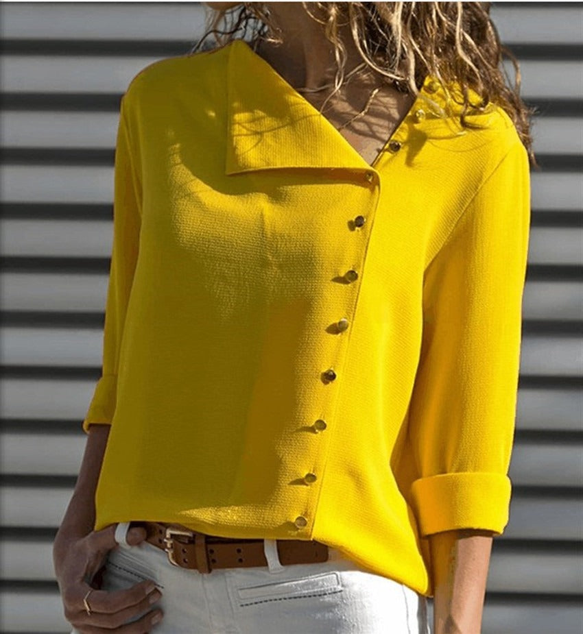 Women's loose fit cotton blend shirt top with long sleeves and asymmetrical button detail