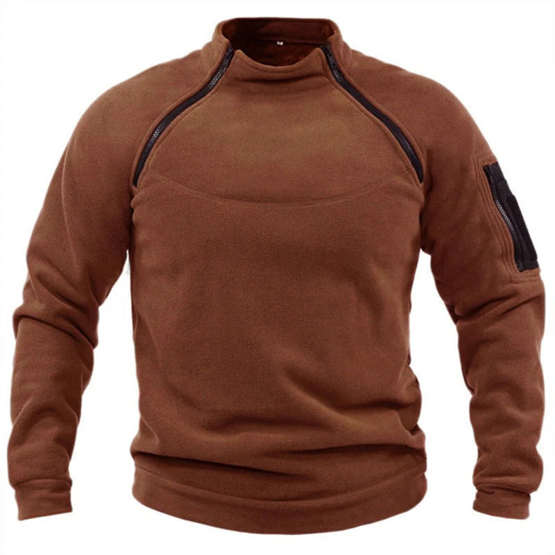 Men's gray fleece pullover relaxed fit high collar with utility zippers for outdoor warmth