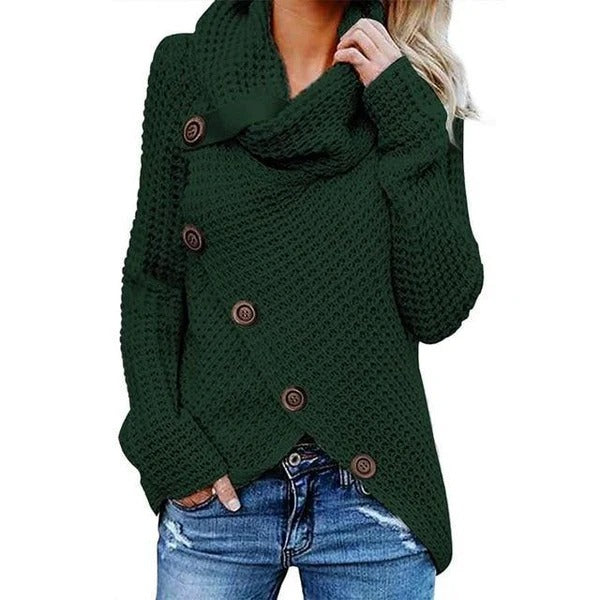 Women's relaxed fit waffle knit cowl neck sweater with asymmetric button front, cozy chic style