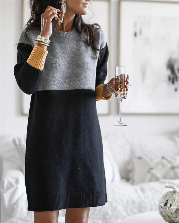Women's relaxed fit long sleeve color block knit dress with cozy everyday comfort silhouette