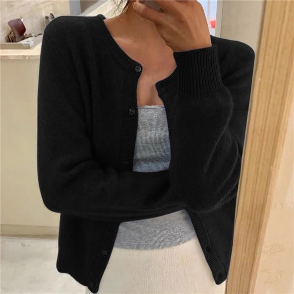 Women's wool blend relaxed fit cardigan with button details and ribbed edges, soft cozy everyday style