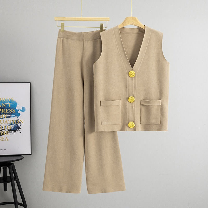 Women's knitted two-piece vest set wide leg trousers relaxed fit button-front everyday chic