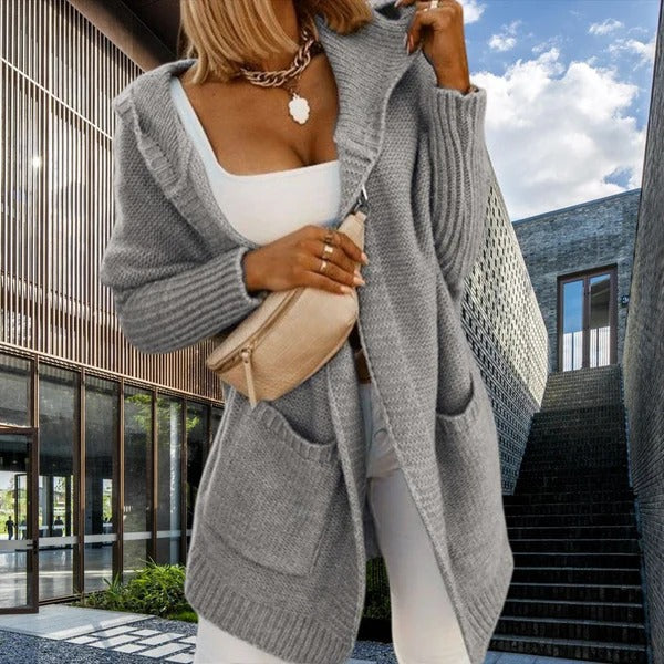 Women's oversized hooded knit cardigan cozy wool-look with pockets casual chic winter layer