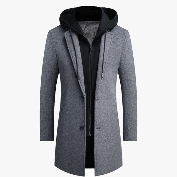Men's mid-length wool look tailored coat with detachable hood in versatile neutral tone
