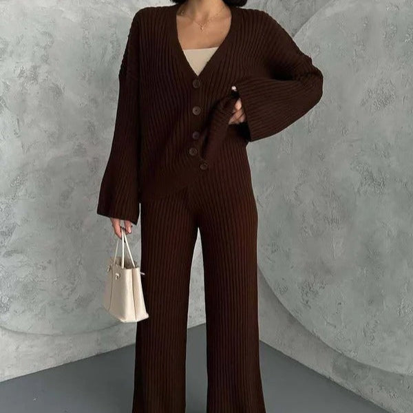Women's oversized wool blend ribbed knit cardigan two-piece set with high collar and button-front closure