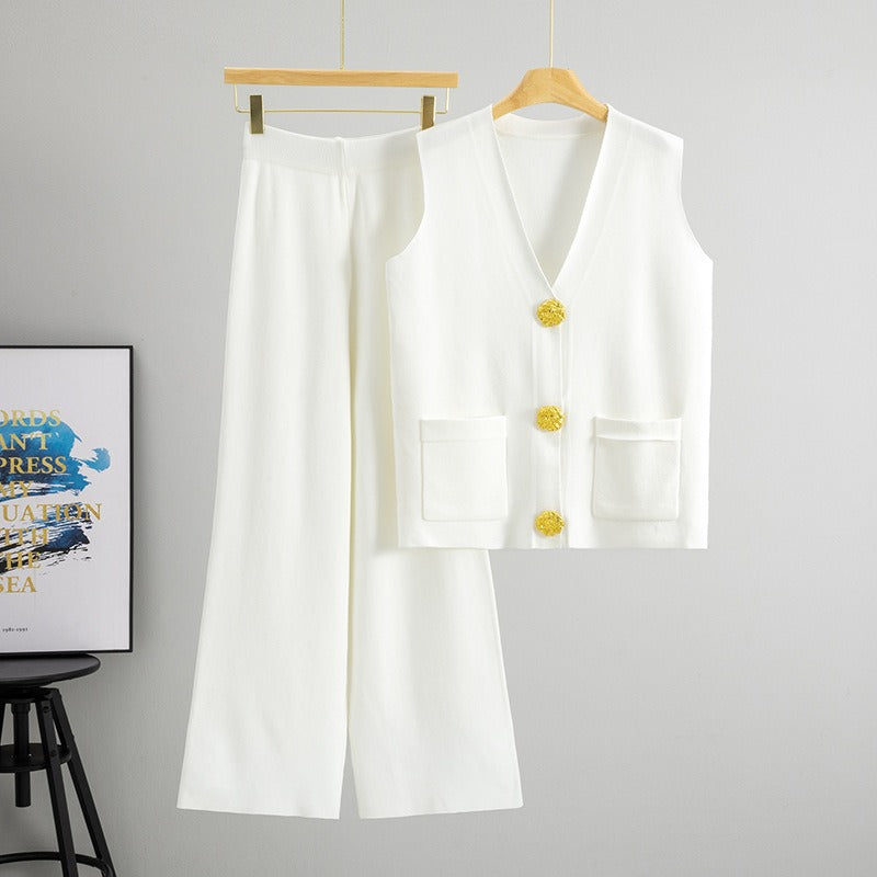 Women's knitted two-piece vest set wide leg trousers relaxed fit button-front everyday chic