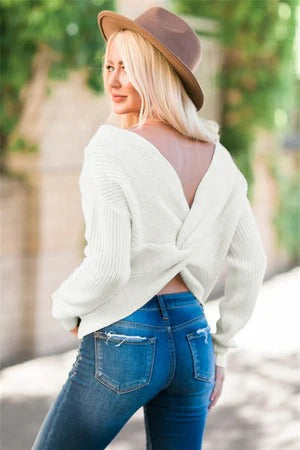 Women's relaxed fit knit sweater soft wool feel long sleeves open back twist design cozy modern style