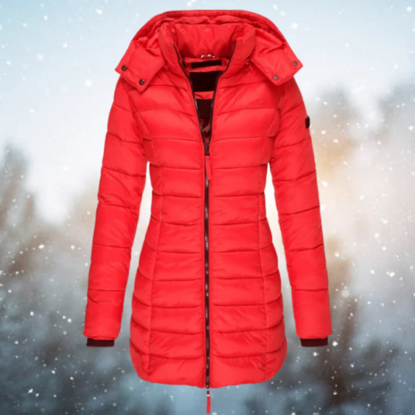 Women's long quilted puffer jacket water-resistant detachable hood streamlined silhouette