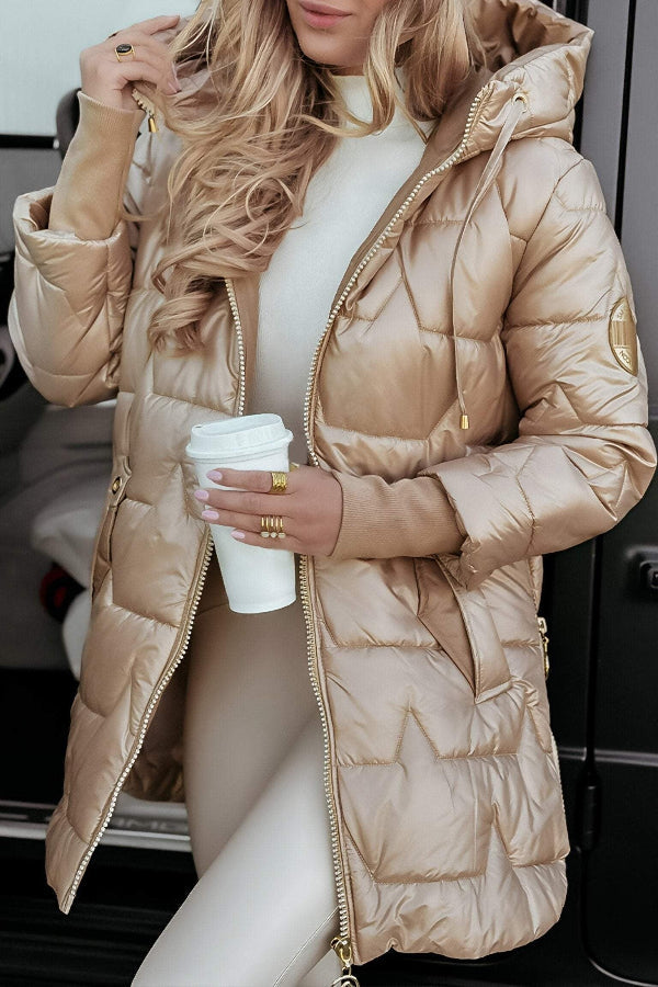 Women's quilted insulated hooded coat relaxed mid-length silhouette warm everyday casual outerwear