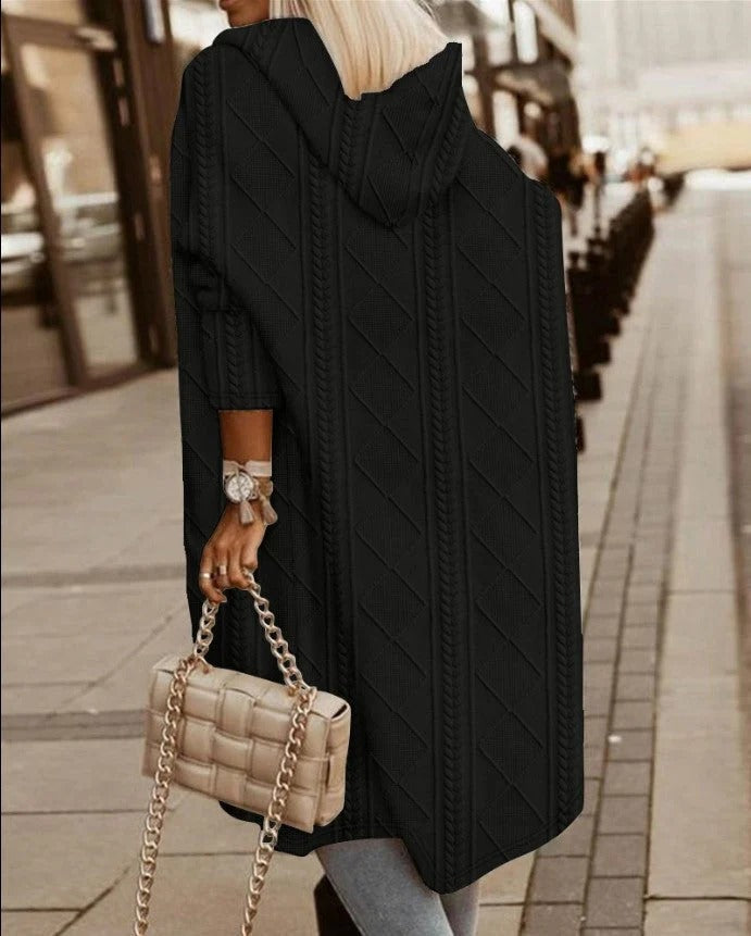 Women's oversized longline hooded cable knit wool blend cardigan for effortless layering