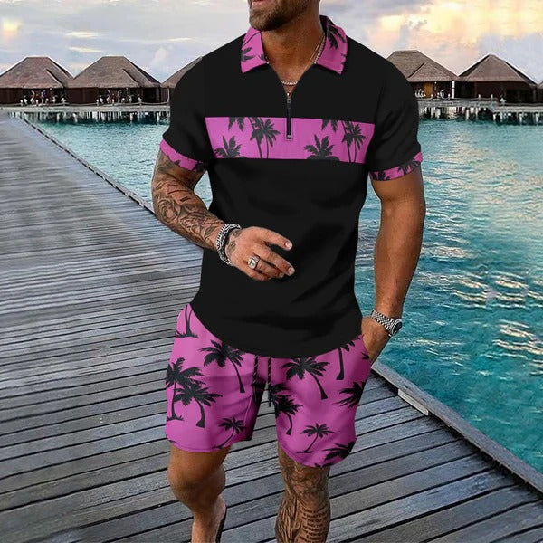 Men's slim fit zip polo and tropical pattern shorts set lightweight breathable summer matching outfit