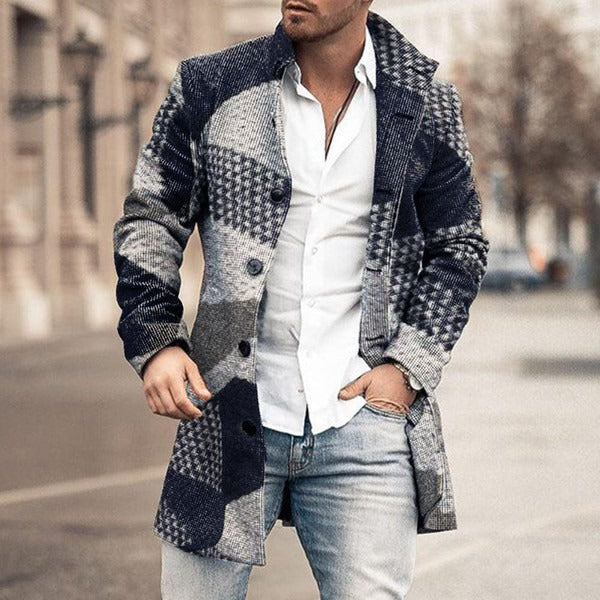 Men mid-length tailored wool texture coat classic lapel polished silhouette timeless style