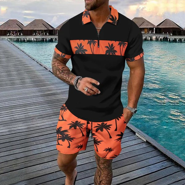 Men's slim fit zip polo and tropical pattern shorts set lightweight breathable summer outfit