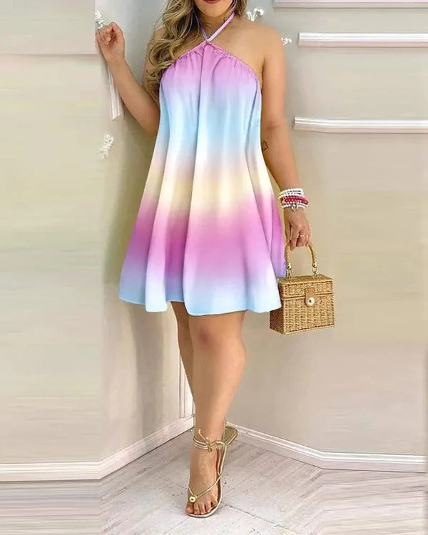 Women's floral print halter mini dress flowy A-line silhouette perfect for summer vacation
