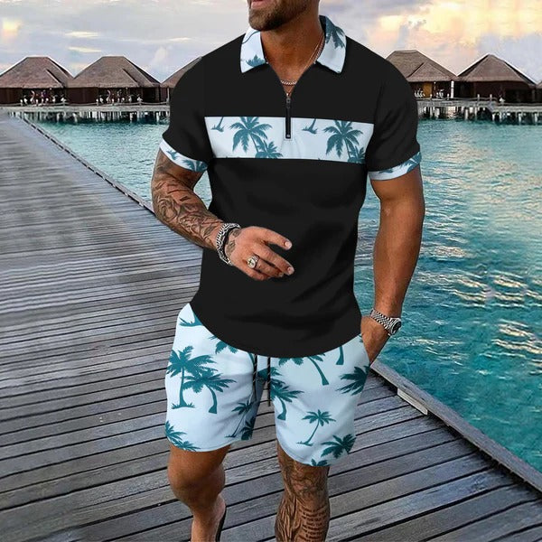 Men's slim fit zip polo and tropical pattern shorts set lightweight breathable summer outfit