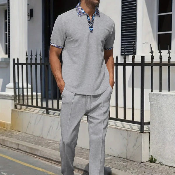 Men's grey casual suit set relaxed-fit short sleeve top tapered trousers breathable fabric