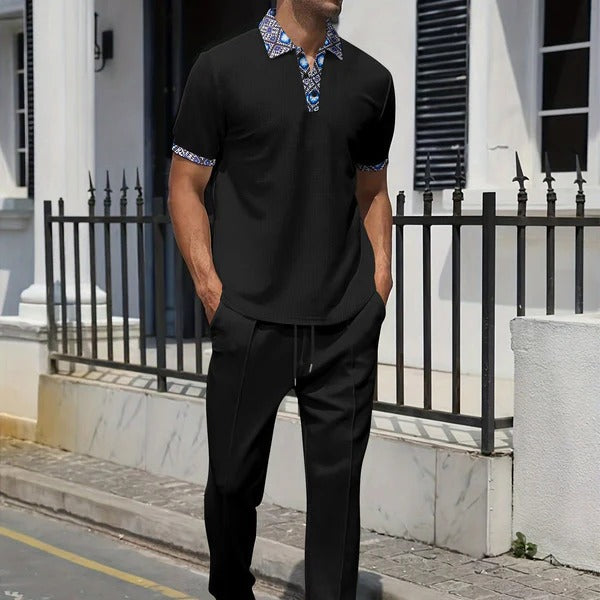 Men's beige casual suit set relaxed fit short sleeve top tapered trousers breathable fabric