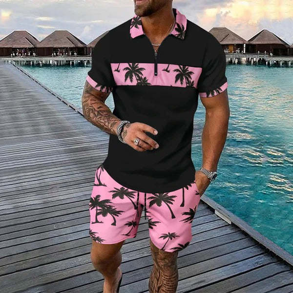 Men's slim fit zip polo and tropical pattern shorts set lightweight breathable summer outfit