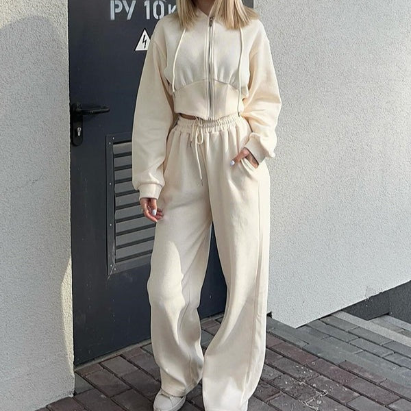 Women's two-piece lounge set relaxed-fit zip hoodie sweatshirt wide-leg pants cotton blend