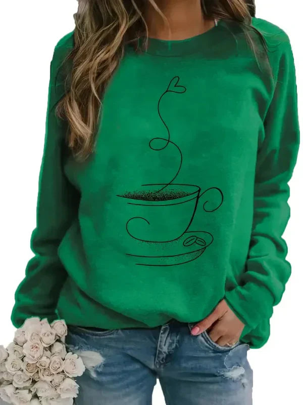Women's relaxed fit crew neck cotton blend sweatshirt with coffee cup graphic print