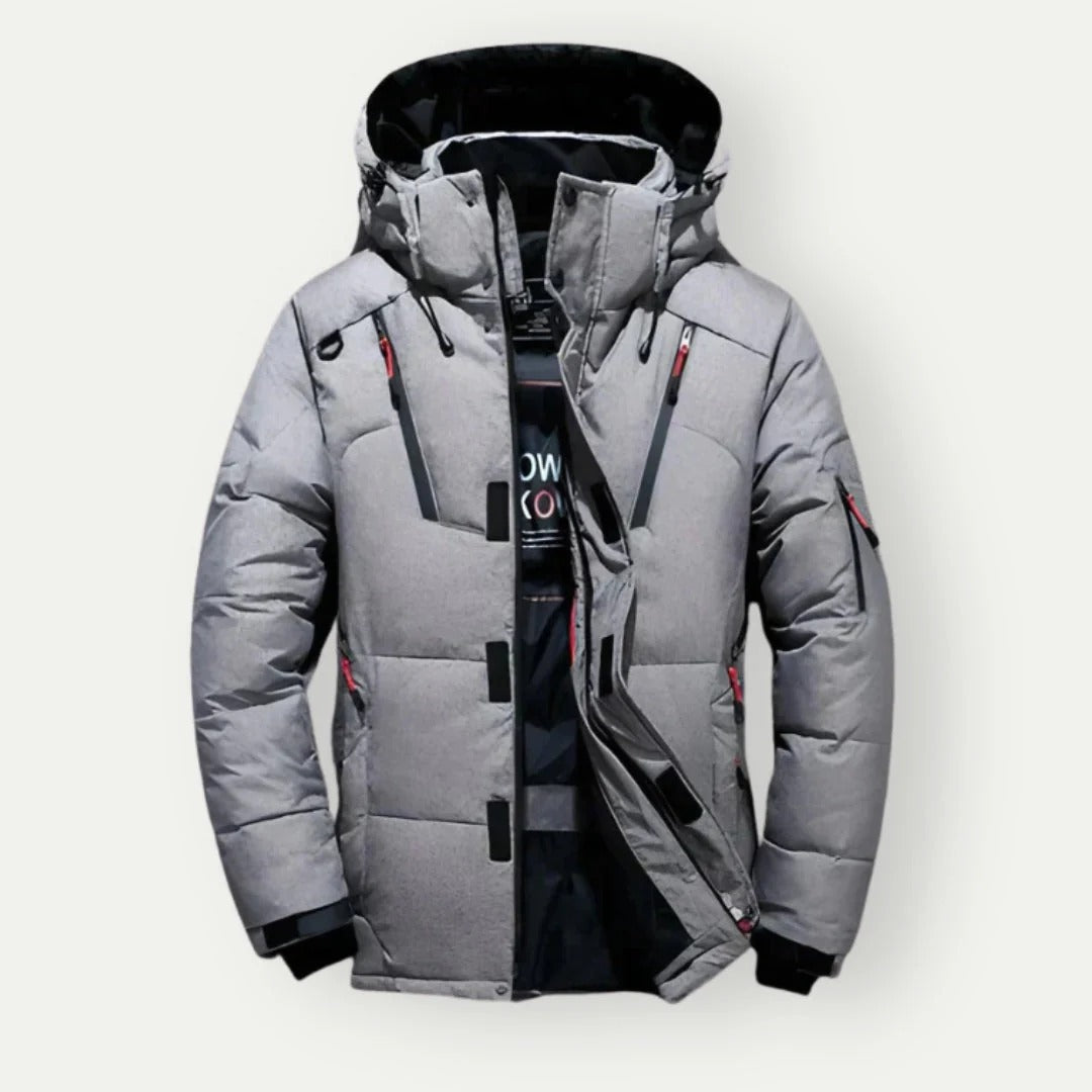 Men's slim fit hooded down jacket water-resistant zipper closure cold-weather insulated outerwear