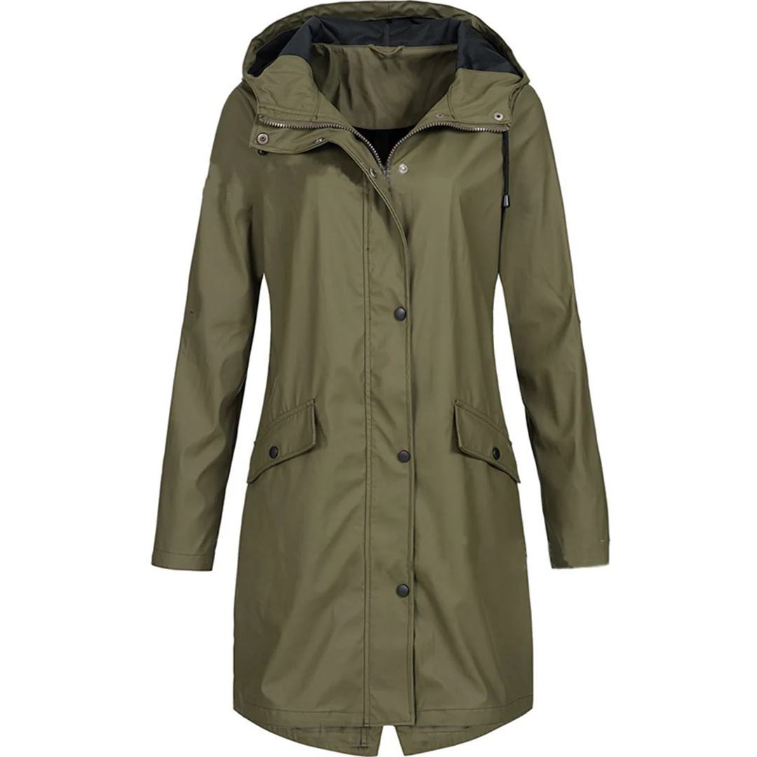 Women's tailored rain jacket water-repellent hooded fit with button closure elegant silhouette