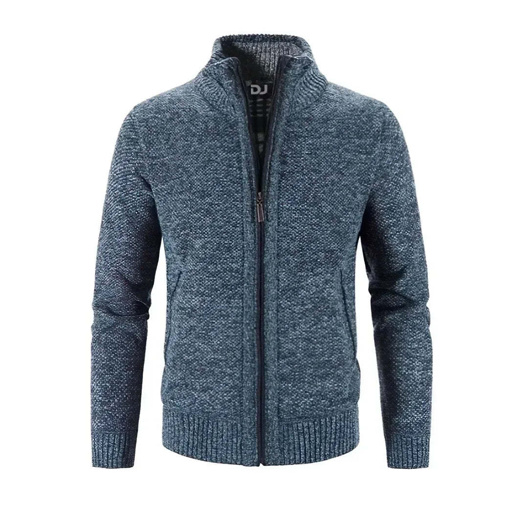 Men's slim fit wool knit zipper cardigan with ribbed edges and contrast detail for smart style