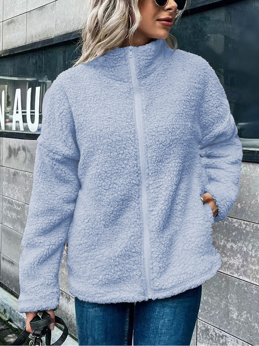 Women's oversized wool blend fleece coat stand collar zip long sleeve warm layering outerwear