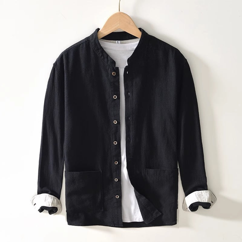 Unisex white textured relaxed fit mandarin collar shirt with clean minimalist Chinese-inspired structure