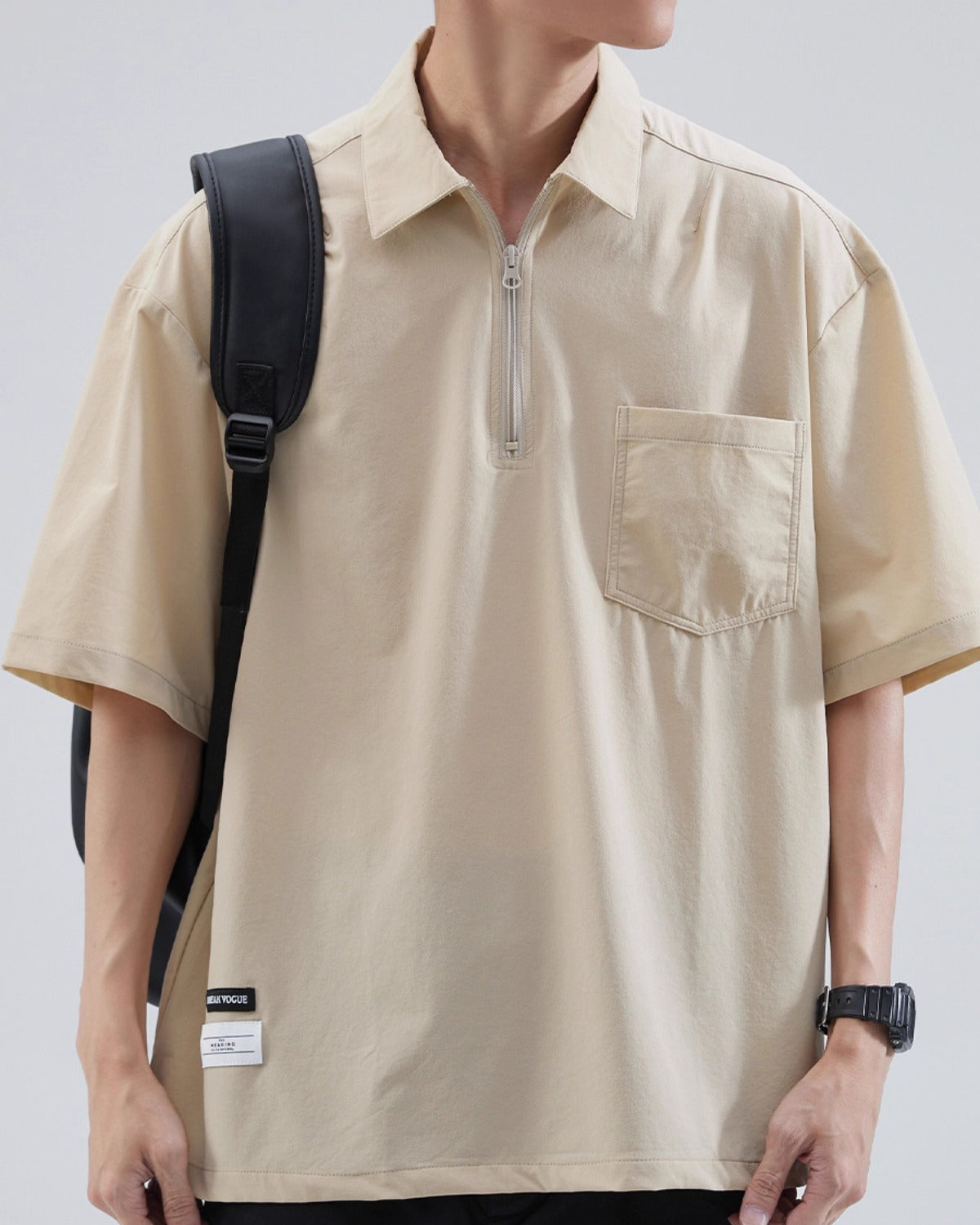 Oversized ice silk zipper polo shirt boxy fit lightweight breathable warm weather casual style