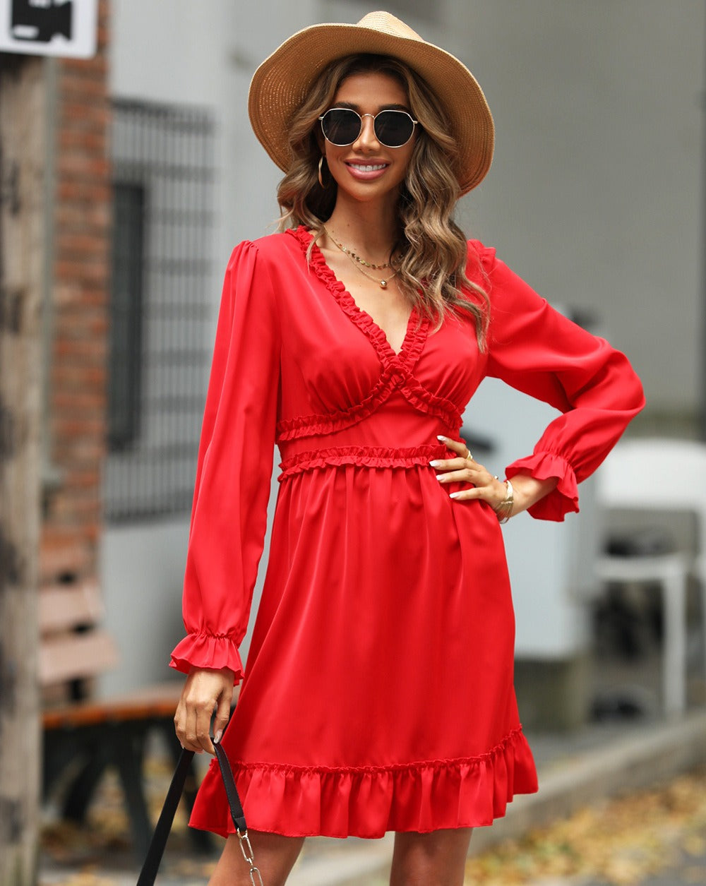 Women's light elegant A-line dress ruched V-neck high waist long sleeves flowing silhouette
