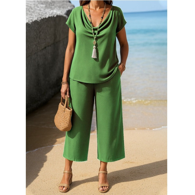 Women's soft knit two-piece set with pile collar pullover and wide-leg cropped pants, relaxed fit