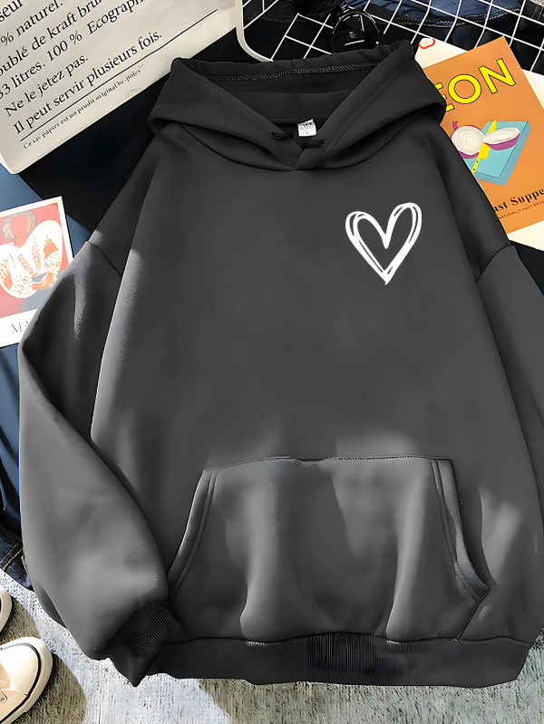 Women's relaxed fit cotton blend hoodie with heart print design and kangaroo pocket in casual style