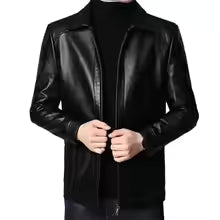 Men's slim-fit black faux leather motorcycle jacket with wind-resistant high collar for urban style