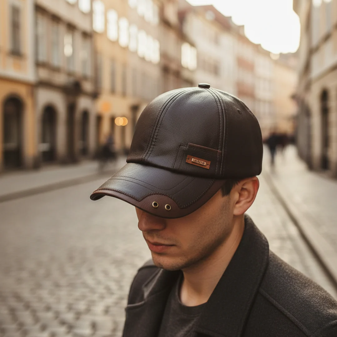 Black faux leather unisex baseball cap with curved visor and adjustable back closure