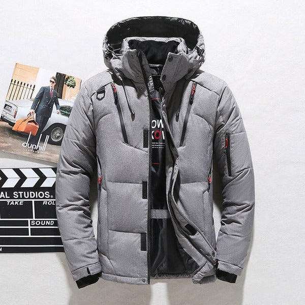 Men's black quilted down jacket adjustable hood hip-length zipper closure warm winter coat