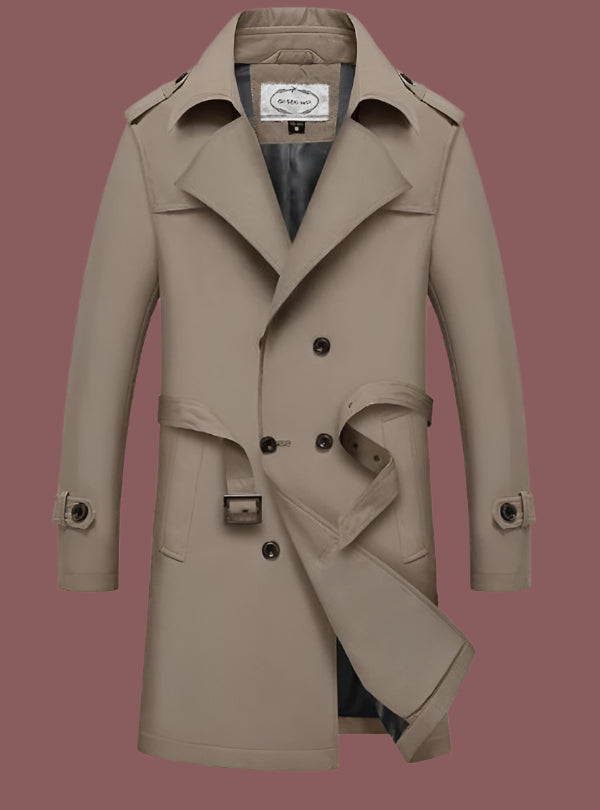 Men's tailored trench coat classic cut double button closure belt urban professional style