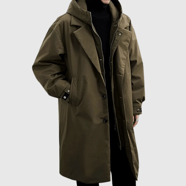 Men's full-length waterproof hooded raincoat relaxed fit with zipper and button closure