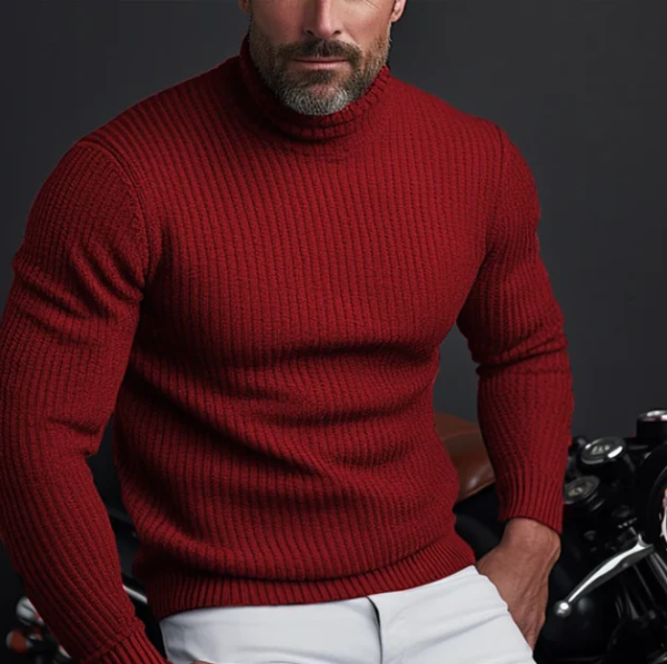 Men's slim fit ribbed wool turtleneck sweater in neutral tone, modern urban style knit
