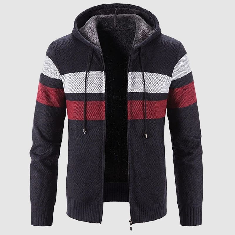 Men's gray knit hooded jacket full-zip hip-length fleece-lined versatile everyday outerwear