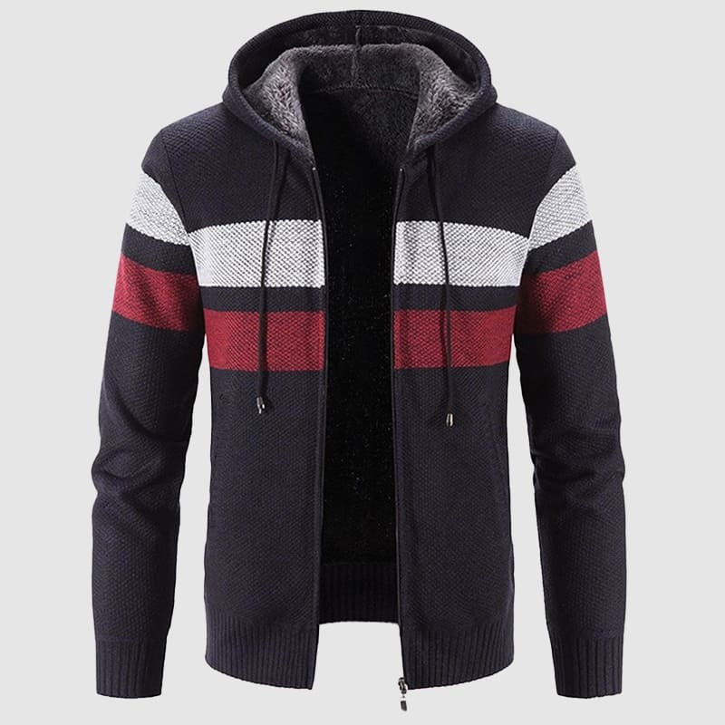 Men's gray knit hooded jacket full-zip hip-length fleece-lined versatile everyday outerwear
