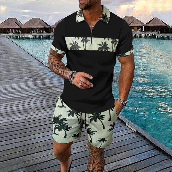 Men's slim fit zip polo and tropical pattern shorts set lightweight breathable summer outfit